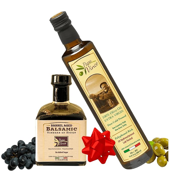 Papa Vince Olive Oil & Balsamic Vinegar Gift Set ??Made in Italy, Family-Grown in Sicily. Features Sipping-Quality, Organic, Polyphenol-Rich EVOO & Slowly Aged, No-Sugar-Added Balsamic Vinegar