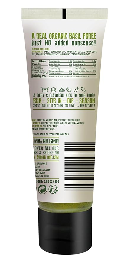 Aroma One Basil Puree Paste - Organic Herb Concentrate for Cooking, Seasoning & Sauces - Fresh Flavor Enhancer, Non-GMO, Gluten-Free, Vegan - Easy Squeeze Tube, Kitchen Must-Have - 80g (2-Pack)