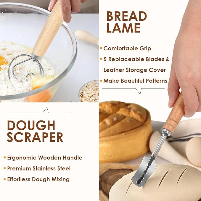 Natural Rattan Sourdough Banneton Basket Set of 2, 9 inch Round Bread Proofing Baskets with Whisk,Lame,Dough Scraper,Linen Liner and Brush, Perfect for Home or Professional Baking
