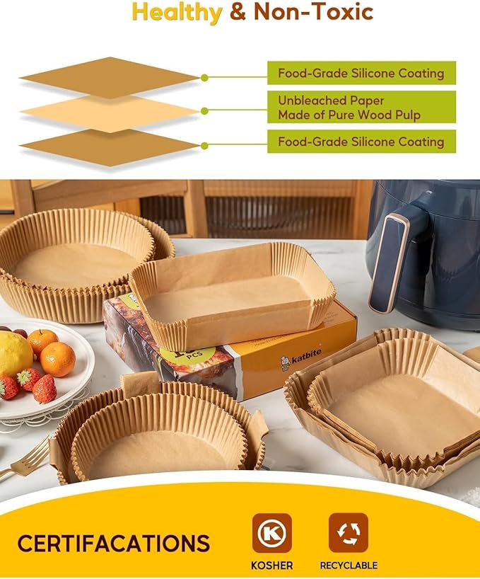 Katbite 220PCS DZ201 Air Fryer Liners Disposable, 8.6x5.5'' Rectangle Airfryer Paper Liners for Dual Air Fryer, Oil-Proof Parchment Paper for Foodi DZ401, FG551