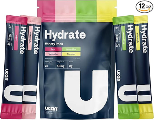 UCAN Hydrate Electrolyte Drink Mix (Variety Pack, 12 Stickpacks) Sugar-Free, Keto-Friendly, Vegan, Non-GMO, Gluten-Free Electrolyte Powder with Potassium & Magnesium for Runners & Athletes