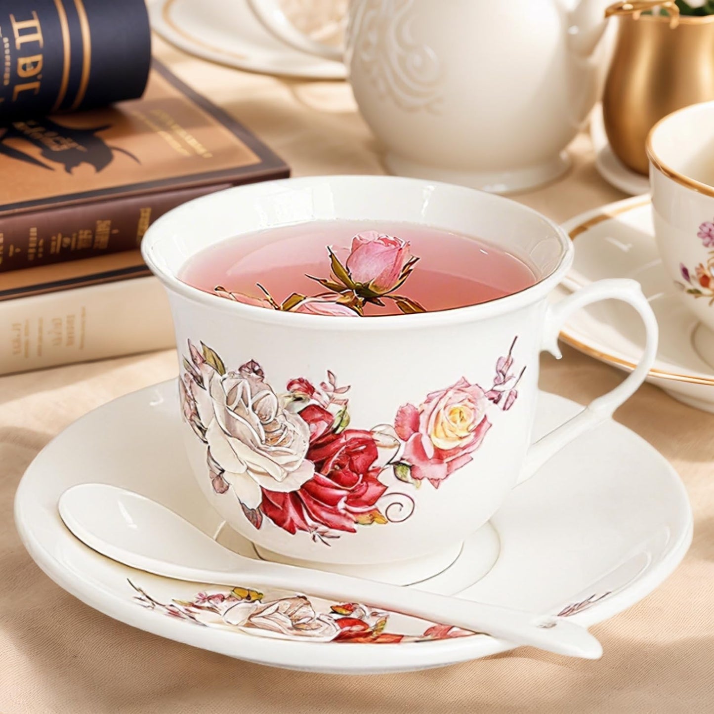 WRINGKIT Tea Cups and Saucers Set of 6, 6 Oz Porcelain Teacup with Spoon