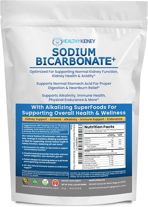 Organic Use Sodium Bicarbonate Alkaline Supplement for Alkalinity. Support Kidneys & Stomach Acid Neutralizer w/Alkaline Superfoods. Sodium Bicarbonate Powder Kidney Immune Support Antacid Sports 1LB