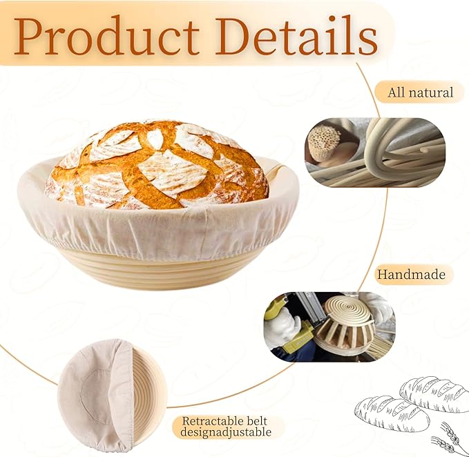 Banneton Premium Round Bread Proofing Basket with Liner - Perfect Proofing Basket, Handmade Rattan Basket for Making Beautiful Bread (10 Inch)