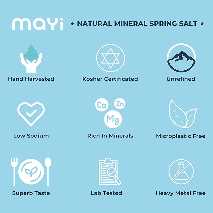 MAYİ Ancient Natural Spring Salt Coarse Grain Grinder 3.8 oz - Hand-Harvested, Kosher, Microplastic-Free, Mineral-Rich, Chemical-Free, Non-GMO, Diamond Crystal Grain, Unrefined Salt for Cooking, Grilling, Baking, Canning & Pickling, Low Sodium Diets
