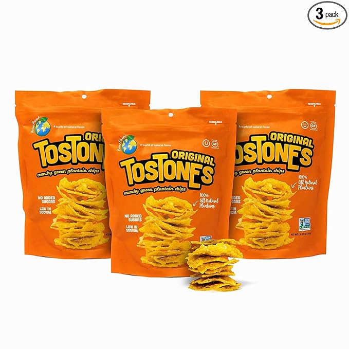 TOSTONES, Green Plantains, Re-Sealable Bag, Crunchy chips, Plantains, Palm Oil and Salt, 3.53 Oz per Unit, ORIGINAL Flavored, 3 Pack,