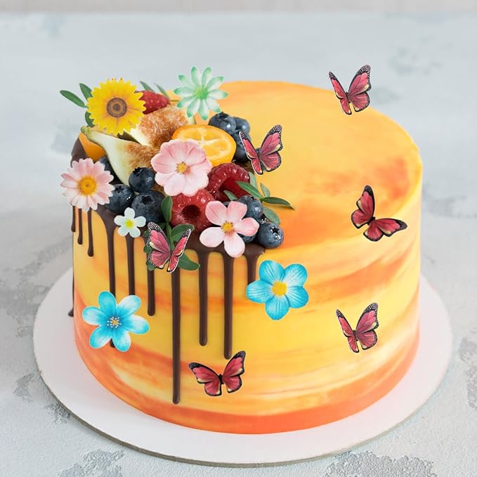 55 Pcs Edible Flowers Cake Decorations - Edible Wafer Paper Flowers & Butterflies Cupcake Toppers for Wedding Birthday Party Cake Decorating (Mixed Size & Colour)