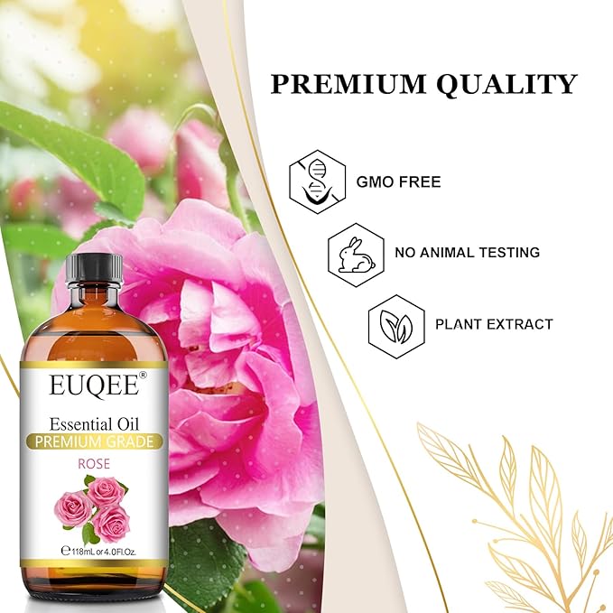 Rose Essential Oil 118mL Large Capacity Rose Oil Premium Essential Oil with Glass Dropper for Diffuser, Soap & Candle Making, Aromatherapy - 4Fl. Oz