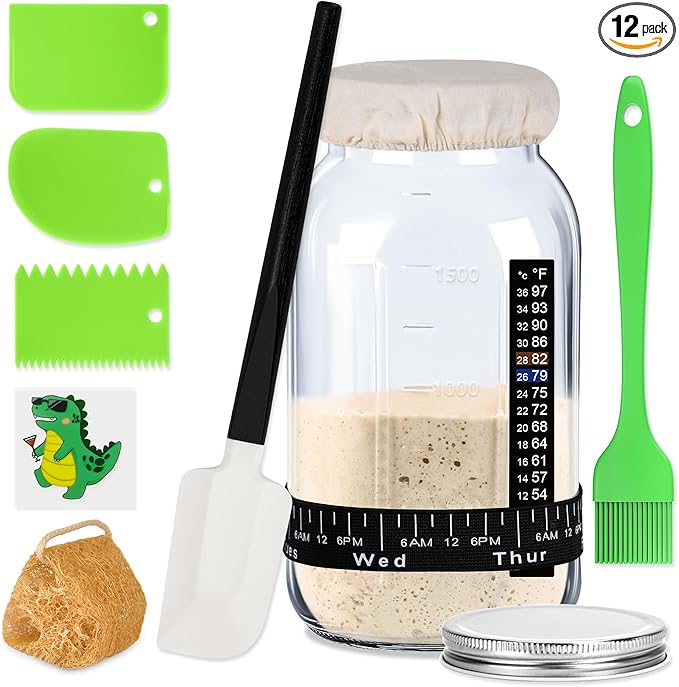 Alltrip Sourdough Starter Kit, 64oz Large Capacity Sourdough Starter Jar with 3 Dough Scraper, Silicone Scraper Silicone Brush & Cute Stickers, Sourdough Bread Baking Supplies, Gifts for Bakers