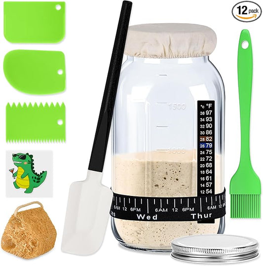 Alltrip Sourdough Starter Kit, 64oz Large Capacity Sourdough Starter Jar with 3 Dough Scraper, Silicone Scraper Silicone Brush & Cute Stickers, Sourdough Bread Baking Supplies, Gifts for Bakers