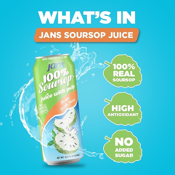Soursop Juice with Pulp (Guanabana), 16.9 oz (Pack of 12) JANS | 100% Pure Soursop Graviola | NO Sugar Added, NOT From Concentrate, Fat-Free, Cholesterol-Free, Refreshing Taste of the Tropics