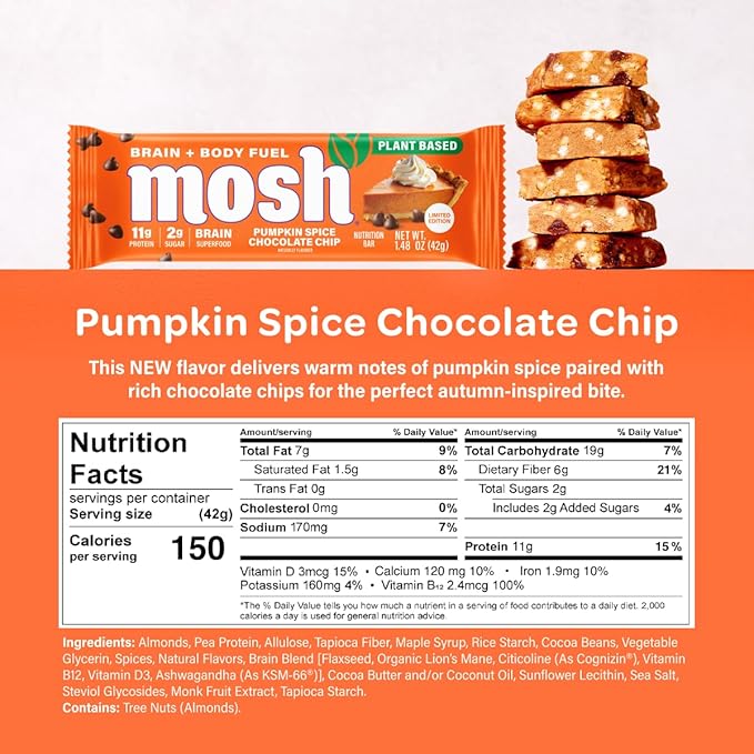MOSH Peanut Chocolate Chip Vegan Protein Bars, Plant Based, Keto, Gluten Free, Brain Healthy Snack with Cognizin, Ashwagandha and Lion's Mane, 12 Count