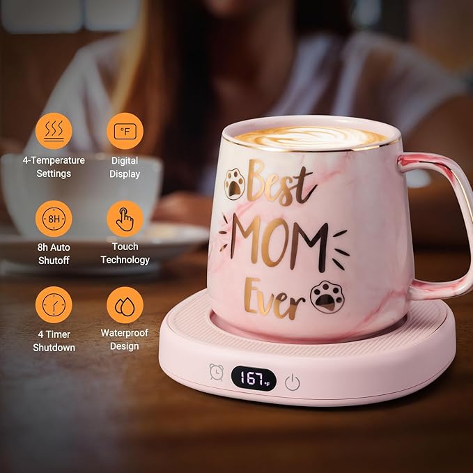 Coffee Mug Warmer & Best MOM Ever Mug Set, Electric Cup Warmer for Desk Office Home, Beverage Warmer with 4 Temperature Setting, 8H Auto Shut Off, Mom Gifts from Daughter Son