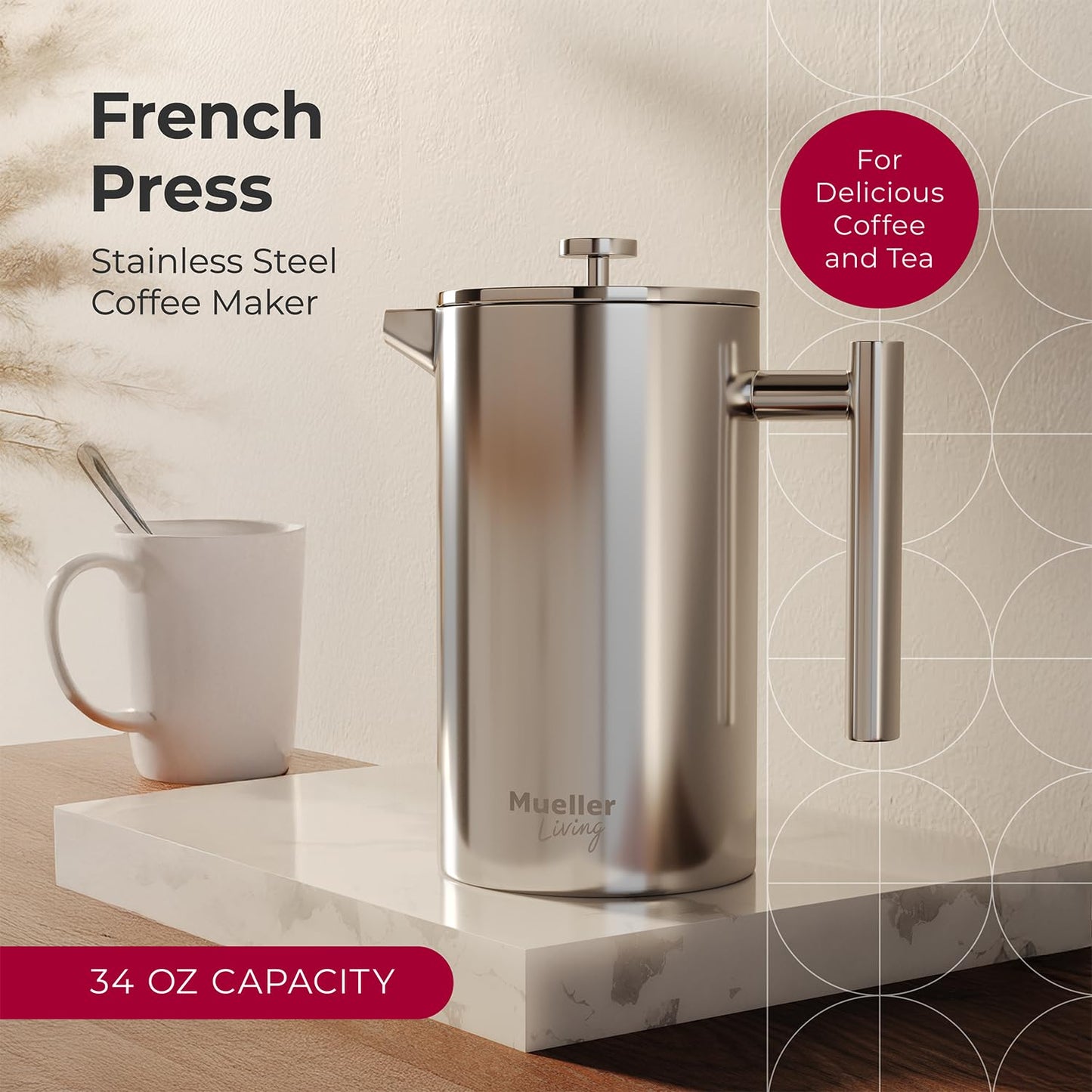 MuellerLiving French Press Coffee Maker 34oz, Stainless Steel French Press Coffee, 4 Filter Heat