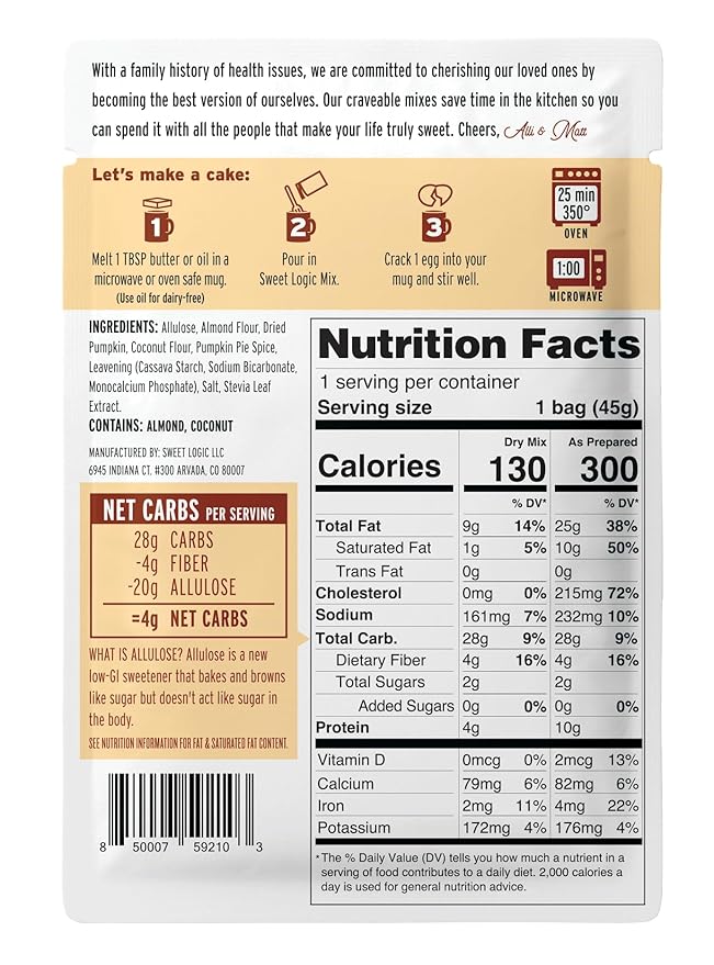 SWEET LOGIC Keto Dessert Mug Cake Mixes - Refined Sugar Free Gluten Free Keto Snack - 4 Keto Mug Cake Mixes - Pumpkin Spice - Diabetic Friendly Keto Sweets and Treats