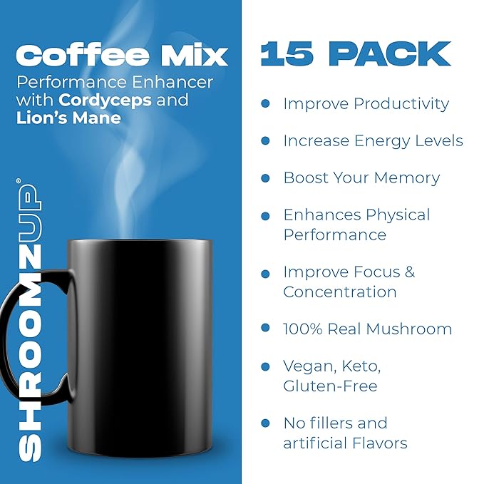 ShroomzUp Instant Mushroom Coffee 15 Pack - Cordyceps & Lion's Mane - Nootropic Mushroom Coffee for Energy, Focus & Concentration - Arabica and Robusta Instant Shrooms