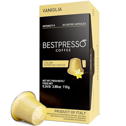 Bestpresso Coffee for Nespresso Original Machine 120 pods Certified Genuine Espresso Flavored Pack Vanilla Pods Compatible with Nespresso Original 60 Days Satisfaction Guarantee