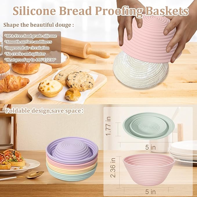4Pcs Mini Silicone Bread Proofing Baskets, 5" Sourdough Banneton Proofing Basket Baskets, Non-Stick Round Dough Proofing Bowl Containers Oven Safe for Various Tastes Bread Making-BPA Free