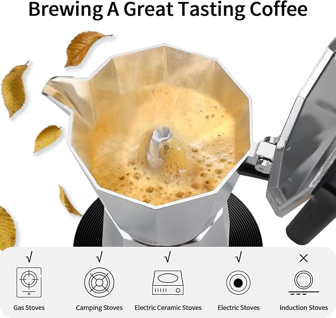 Mongdio Stovetop Espresso Maker Moka Pot, Stove Top Cuban Coffee Maker, Italian Greca Mocha Pot, 6 Espresso Cups, 10 oz - Silver