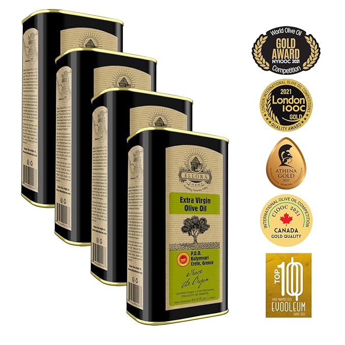 Ellora Farms, Single Estate PDO Greek Extra Virgin Olive Oil, Cold Pressed & Traceable Olive Oil, Kosher, 1 Lt Tin (33.8 oz.), Pack of 4