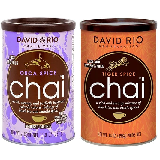 Tiger Spice + Reduced Calorie Orca Spice Chai Tea Latte Mix (2 Pack) Decaf Black Tea, Organic Spices, Dairy Free, Serve Hot or Cold, Just Add Water or Milk