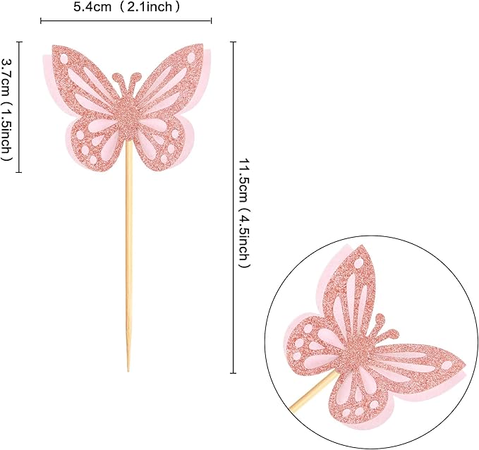 24PCS Butterfly Cupcake Toppers 3D Double Layers Hollow Cupcake Picks Baby Shower Cake Decorations Supplies for Butterfly Theme Wedding Anniversary Baby Shower Light Pink