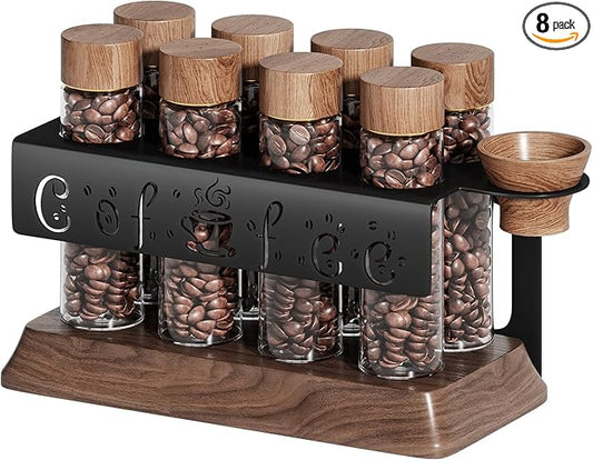Single Dose Coffee Bean Storage Tubes with One-Way Exhaust Valve,Coffee Bean Container with American Walnut Wood Base,Funnel and Lids,Espresso Bean Storage with 8Pcs Glass Tubes