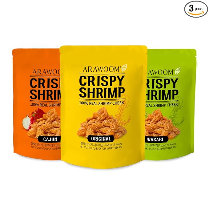 ARAWOOM - 100% Real Black Tiger Shrimp Head Crisps, Variety Pack [2oz, Pack of 3], Crispy Seafood Snack, High-Protein Crunch, Crunchy On-the-Go Treat [Original, Wasabi, Cajun]