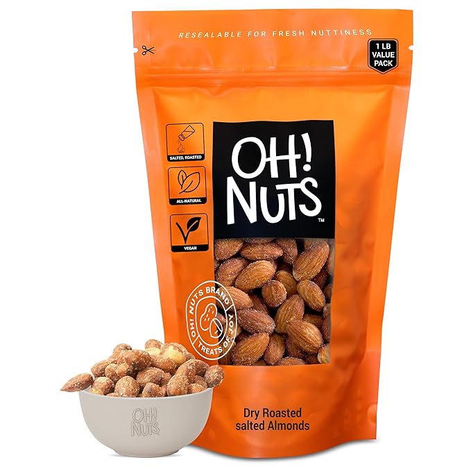 Oh! Nuts Almonds - Dry Roasted Salted - 1 lb - Freshly Oven Roasted and Salted Almonds - Packed in New York Zip-Seal Bag for Exceptional Freshness