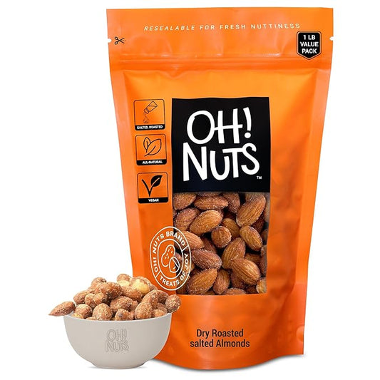 Oh! Nuts Almonds - Dry Roasted Salted - 1 lb - Freshly Oven Roasted and Salted Almonds - Packed in New York Zip-Seal Bag for Exceptional Freshness