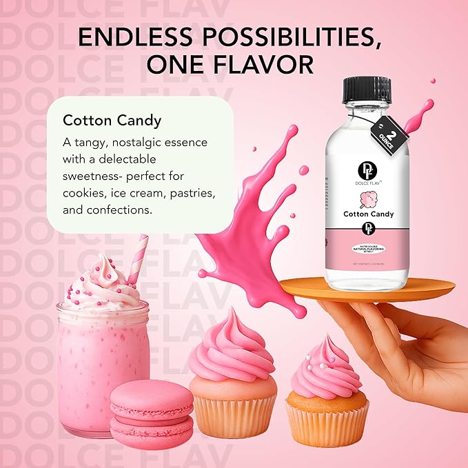 Dolce Flav Natural Cotton Candy Extract ??2 Ounce Water-Soluble Kosher, Sugar-Free, Concentrated Carnival-Style Flavoring for Baking, Frostings & Drinks, Includes Measured Dropper