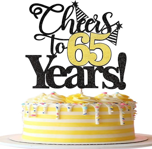 Rsstarxi 1 Pack Cheers to 65 Years Cake Topper Glitter Sixty Five Years Old 65th Birthday Cake Pick 65 Fabulous Cake Decorations for Happy 65th Birthday Wedding Anniversary Party Supplies Black