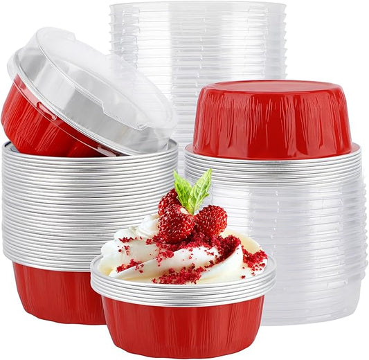 EUSOAR Cake Container, 50pcs 9oz Red Aluminum Pan Carrier with Lid, Disposable Foil Ramekins Oven Safe Cupcakes Bread Pudding Mini Loaf Round Holders Pans with Lids for Wedding Birthday Theme Party