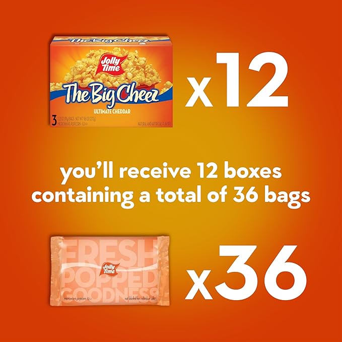 Jolly Time The Big Cheez, Cheddar Cheese Microwave Popcorn, 3.2oz Sharing Bag, 3 Bags Per Carton (The Big Cheez, 3.2 Ounce (Pack of 36))