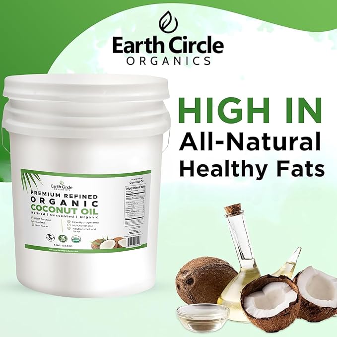 Earth Circle Organics Refined Coconut Oil - Ultra Premium Steam Refined, Keto & Paleo Friendly, Zero Coconut taste or smell - For Skin & Hair Care, Cooking, Deep Frying, Baking & More - Bulk 5 Gallon