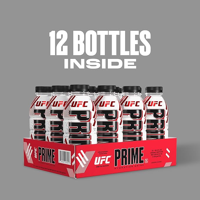 PRIME Hydration UFC, Sports Drinks, Electrolyte Enhanced for Ultimate Hydration, 250mg BCAAs, B Vitamins, Antioxidants, Low Sugar, 16.9 Fl Oz, 12 Pack