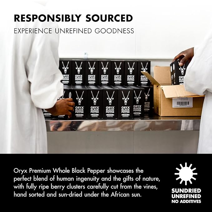 Oryx Black Pepper Refill Box - 3.52oz - Premium Whole Black Peppercorns from Madagascar, refillable +20x Oryx Pepper Grinder - Perfect Spice - Authentic Naturally Organic Spices Experience