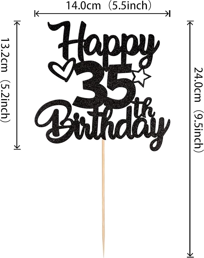 1 Pack Happy 35th Birthday Cake Topper Glitter Heart Star 35 Fabulous Cake Pick Birthday Sign Cake Decorations for Children 35th Birthday Theme Party Supplies Black