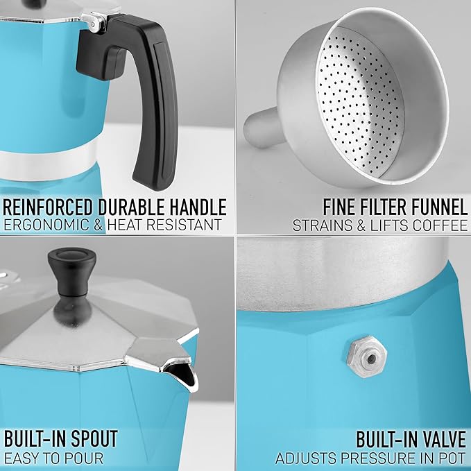 Zulay Premium Moka Pot Espresso - Leak-Proof Stovetop Espresso Maker - Perfect for Authentic Cuban & Italian Style Espresso - Makes 6 Espresso Cups - Light Blue