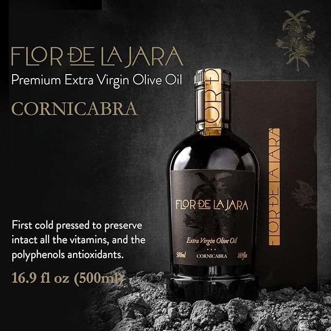 FLOR DE LA JARA Premium Extra Virgin Olive Oil from Spain, First Cold Pressed, Polyphenol-Rich, Monovarietal Cornicabra, Hand-Harvested Olives, Family-Owned Grove, Low Acidity (0.27%), 16.9 fl oz (500ml)