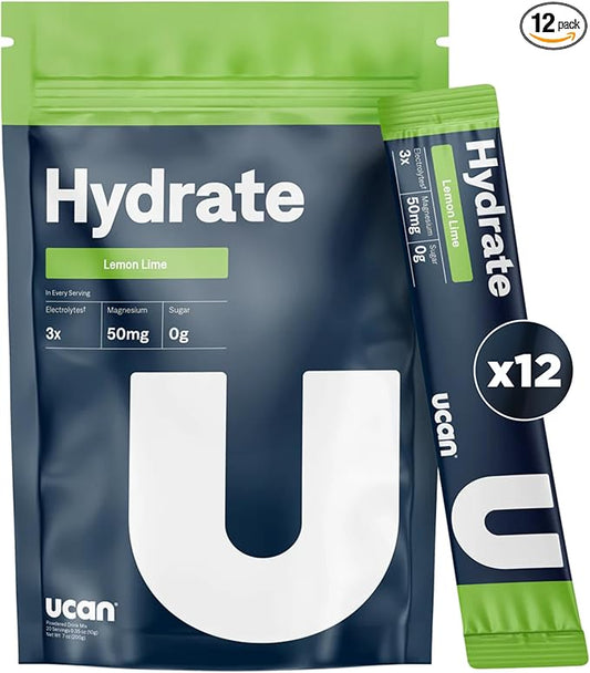UCAN Hydrate Electrolyte Drink Mix (Lemon-Lime, 12 Stickpacks) Sugar-Free, Keto-Friendly, Vegan, Non-GMO, Gluten-Free Electrolyte Powder with Potassium & Magnesium for Runners & Athletes