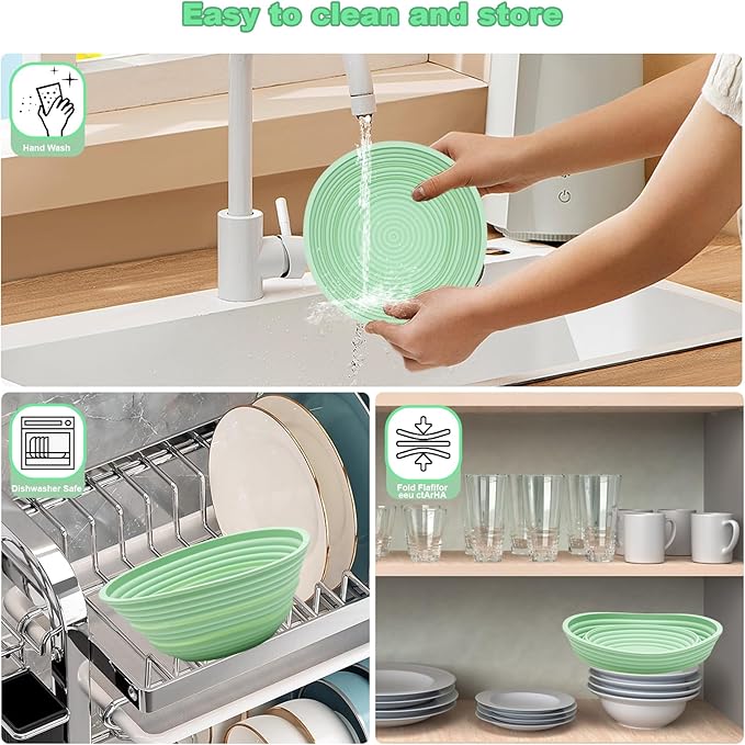 Sourdough Bread Baking Supplies, Silicone Banneton Bread Proofing Basket Set of 2, 9 Inch Round & 10 Inch Oval Foldable Sourdough Proofing Basket, Sourdough Starter Kit, Bread Making Tools (Green)