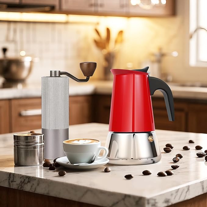 Moka Pot, 4 Cups (7.1 oz) Stovetop Espresso Maker, 304 Stainless Steel Moka Pot, Induction Compatible, Red