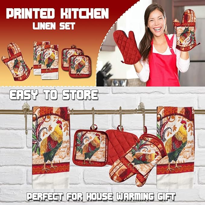Lobyn Value Packs: Decorative & Functional Rustic Rooster Kitchen Set ??5 Pieces, Perfect for Farmhouse D챕cor Set includes 2 Dish Towel 2 Pot Holders 1 Oven Mitt | Kitchen Towel Set for Daily Use