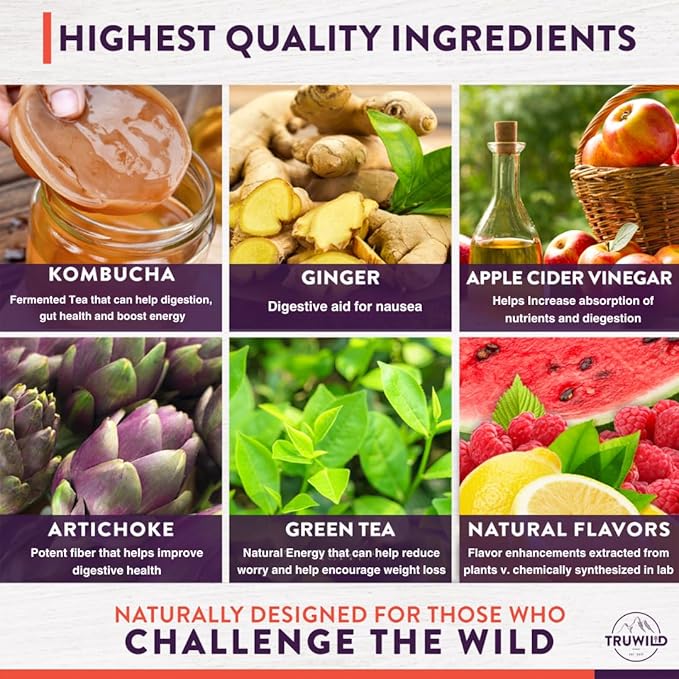 TruWild Natural Kombucha Powder Probiotic Supplement Vegan Drink Mix ??Gut Health Digestive Enzymes w/Live Cultures + Apple Cider Vinegar & Prebiotics ??20 Servings