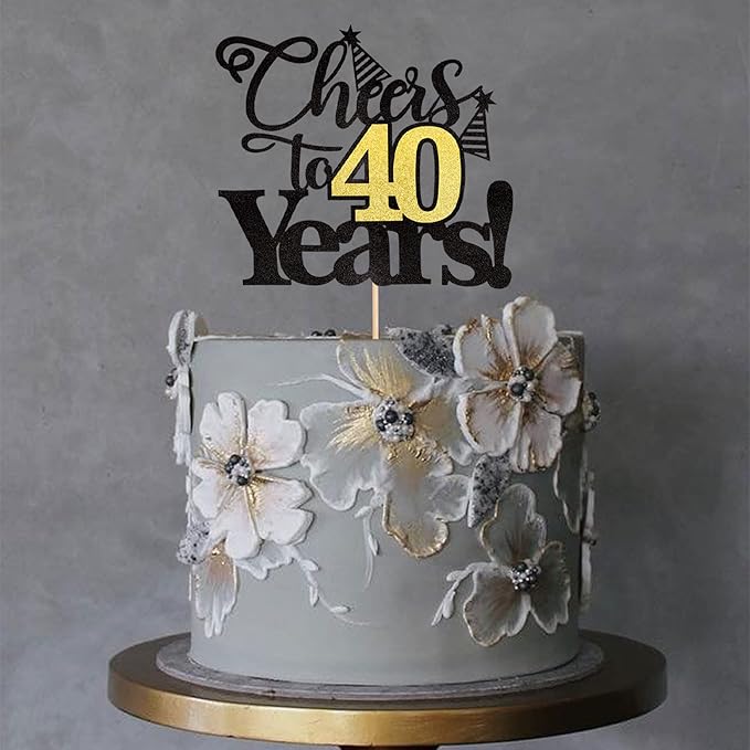 Rsstarxi 1 Pack Cheers to 40 Years Cake Topper Black Glitter Forty Years Old 40th Birthday Cake Pick Decorations for 40th Birthday Wedding Anniversary Party Supplies