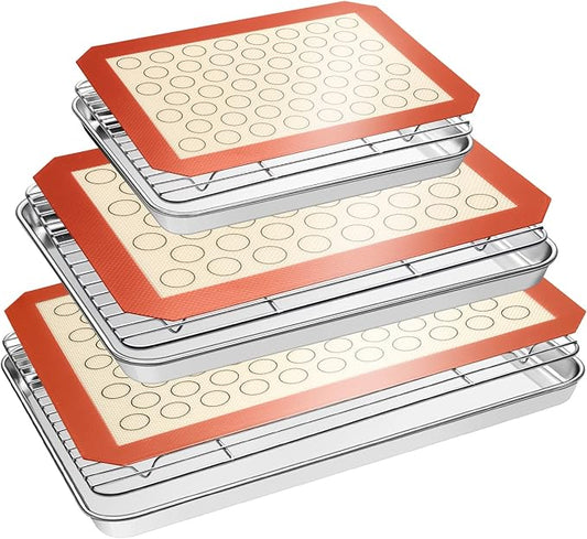 EWFEN Baking Set: Stainless Steel Sheet Pan with Cooling Rack & Silicone Mat Set, Multi-Size (3 Sheets + 3 Racks + 3 Mats), Warp Resistant & Heavy Duty, Easy Clean