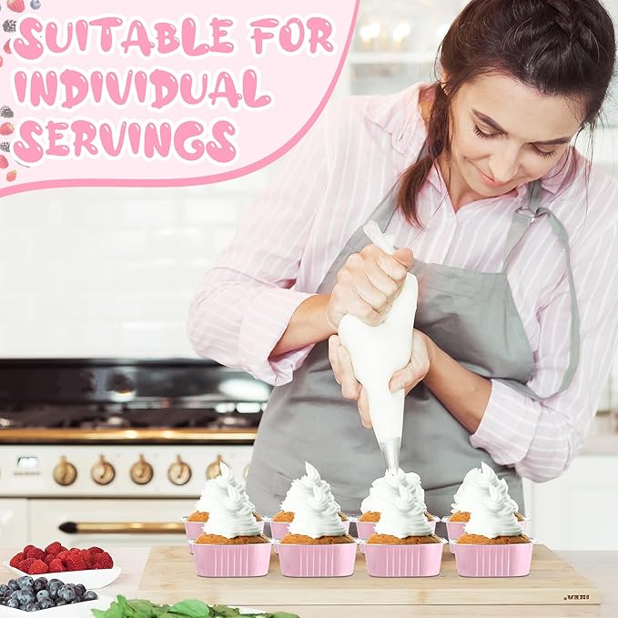 Aoriher 300 Pieces 10 oz Mini Cake Pans with Lids, Aluminum Foil Baking Cups, Square Disposable Cupcake Cups Baking Tins for Wedding Birthday Party Supplies(Pink)