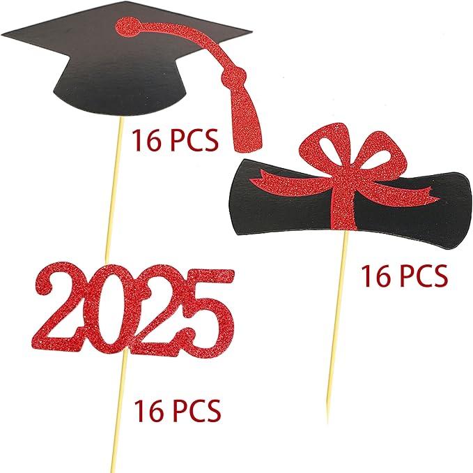 2025 Graduation Cupcake Toppers, 48 PCS Food/Appetizer Picks For Graduation Party Mini Cake Decorations, Diploma, 2025, Grad Cap Set 48 Pieces (03 Red)
