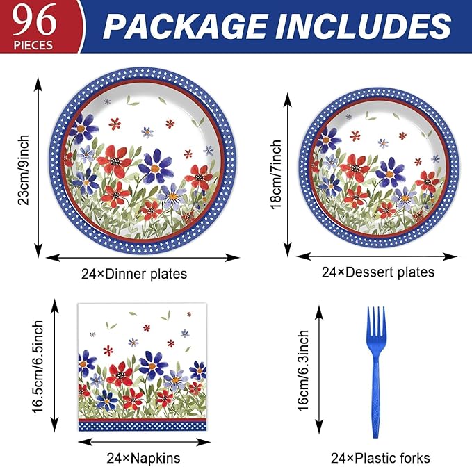 96Pcs American Memorial Patriotic Plates and Napkins Independence Day Party Decorations 4th of July Poppy Flower Dessert Plates Patriotic Tableware for 24 Guests Labor Veterans Days Party Supplies